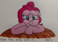 Size: 3245x2320 | Tagged: safe, artist:rapidsnap, imported from derpibooru, pinkie pie, earth pony, pony, a trivial pursuit, crying, newbie artist training grounds, photo, sad, simple background, solo, table, traditional art, white background