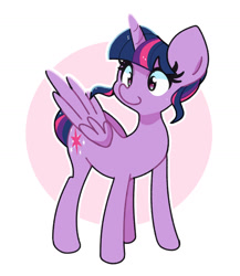 Size: 1711x1975 | Tagged: safe, artist:kindakismet, imported from derpibooru, twilight sparkle, alicorn, pony, alternate hairstyle, circle background, female, folded wings, horn, mare, simple background, smiling, solo, twilight sparkle (alicorn), white background, wings