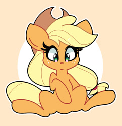 Size: 1707x1763 | Tagged: safe, artist:kindakismet, imported from derpibooru, applejack, earth pony, pony, applejack's hat, circle background, cowboy hat, featureless crotch, female, freckles, hat, looking down, mare, simple background, solo