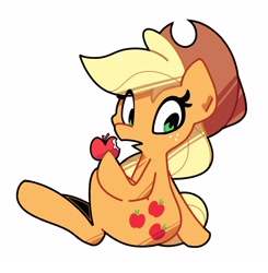 Size: 3316x3382 | Tagged: safe, artist:kindakismet, imported from derpibooru, applejack, earth pony, pony, apple, applejack's hat, cowboy hat, eating, eye clipping through hair, food, freckles, hat, herbivore, hoof hold, open mouth, raised hoof, simple background, sitting, white background