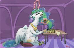 Size: 4468x2926 | Tagged: safe, artist:alumx, imported from derpibooru, princess celestia, alicorn, pony, absurd resolution, coffee mug, eyes closed, female, floppy ears, glowing, glowing horn, horn, levitation, magic, majestic as fuck, mare, mug, open mouth, pillow, scroll, sitting, telekinesis, tired