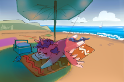 Size: 1995x1327 | Tagged: safe, artist:alumx, imported from derpibooru, oc, oc only, alicorn, pony, alicorn oc, beach towel, beach umbrella, cooler, eyes closed, horn, lying down, prone, smiling, solo, sploot, spread wings, wings