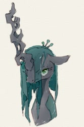 Size: 797x1200 | Tagged: safe, artist:inkhooves, imported from derpibooru, queen chrysalis, changeling, changeling queen, big horn, bust, ears back, female, frown, horn, lidded eyes, looking at you, simple background, solo, white background