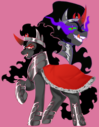 Size: 1496x1912 | Tagged: safe, artist:gobstopper, imported from derpibooru, king sombra, pony, unicorn, antagonist, cape, clothes, colored horn, curved horn, fangs, horn, pink background, sharp teeth, simple background, solo, sombra eyes, teeth