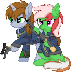 Size: 7259x7408 | Tagged: safe, artist:cyanlightning, imported from derpibooru, oc, oc only, oc:littlepip, oc:wandering sunrise, pony, unicorn, fallout equestria, .svg available, absurd resolution, clothes, duo, ear fluff, gun, handgun, revolver, shotgun, simple background, sitting, transparent background, vector, weapon