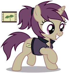 Size: 3223x3383 | Tagged: safe, artist:strategypony, imported from derpibooru, oc, oc only, oc:lavrushka, pony, unicorn, clothes, cutie mark, female, filly, foal, horn, looking down, raised hoof, simple background, smiling, transparent background, unicorn oc, vest