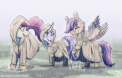 Size: 1024x656 | Tagged: safe, artist:inuhoshi-to-darkpen, imported from derpibooru, apple bloom, scootaloo, sweetie belle, earth pony, pegasus, pony, unicorn, adorabloom, curved horn, cute, cutealoo, cutie mark crusaders, diasweetes, female, filly, foal, happy, having fun, horn, looking at each other, looking at someone, puddle, rain, raincoat, silly face, splashing, spread wings, tongue out, trio, wings