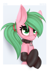Size: 1095x1552 | Tagged: safe, artist:omi, imported from derpibooru, oc, oc only, oc:pine berry, earth pony, pony, blushing, bust, chest fluff, clothes, collar, female, latex, latex socks, looking up, ponytail, smiling, socks, solo, stockings, thigh highs