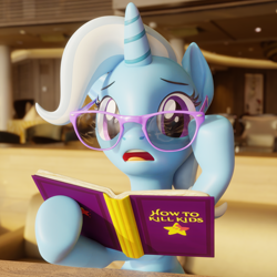 Size: 3840x3840 | Tagged: safe, artist:xppp1n, imported from ponybooru, trixie, pony, unicorn, 3d, blender, blender cycles, book, female, glasses, holding, looking at you, mare, open mouth, raised hoof, raised leg, solo, surprised