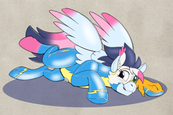 Size: 2560x1707 | Tagged: safe, artist:acesential, imported from twibooru, soarin', oc, oc:foxxy hooves, hippogriff, inflatable pony, original species, pegasus, pony, rubber pony, air nozzle, cheek fluff, clothes, decal, ear fluff, female, hippogriff oc, image, inanimate tf, inflatable, latex, male, partially open wings, png, pool toy, prone, rubber, seams, shadow, shiny, simple background, solo, stallion, transformation, uniform, wonderbolts, wonderbolts uniform