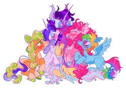 Size: 500x348 | Tagged: safe, artist:webkinzworldz, imported from twibooru, applejack, fluttershy, pinkie pie, rainbow dash, rarity, twilight sparkle, alicorn, earth pony, pegasus, pony, unicorn, alternate design, blushing, braid, braided tail, cloven hooves, coat markings, colored hooves, colored wings, eyes closed, female, group, heart mark, hoof fluff, image, leonine tail, looking at each other, lying down, mane six, mare, missing cutie mark, mottled coat, multicolored hair, png, simple background, sitting, smiling, socks (coat marking), transparent background, unshorn fetlocks, wings