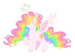 Size: 500x372 | Tagged: safe, artist:webkinzworldz, imported from twibooru, princess celestia, alicorn, pony, ethereal mane, eyes closed, female, image, mare, multicolored hair, png, rainbow hair, raised hoof, redesign, simple background, solo, sparkles, standing, white background