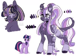 Size: 1280x956 | Tagged: safe, artist:equestrianartneighseum, imported from twibooru, part of a set, twilight sparkle, alicorn, pony, unicorn, cloven hooves, coat markings, colored hooves, curved horn, facial hair, female, frown, goatee, heart eyes, horn, image, leonine tail, looking at you, mare, needs more jpeg, ponytail, redesign, self paradox, smiling, socks (coat marking), solo, twilight sparkle (alicorn), unicorn twilight, unshorn fetlocks, wingding eyes