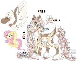 Size: 1280x1003 | Tagged: safe, artist:equestrianartneighseum, imported from twibooru, part of a set, fluttershy, pegasus, pony, alternate cutie mark, blaze (coat marking), braid, braided tail, chest fluff, coat markings, colored hooves, colored wings, female, flower, flower in hair, heart eyes, image, long hair, looking at you, mare, multicolored wings, needs more jpeg, redesign, self paradox, simple background, socks (coat marking), solo, tail feathers, unshorn fetlocks, white background, wingding eyes, wings