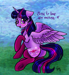 Size: 1950x2100 | Tagged: safe, artist:pony, imported from twibooru, twilight sparkle, backwards cutie mark, clothes, cloud, cute, dialogue, dock, grass, heart eyes, image, looking at you, looking back, looking back at you, png, socks, spread wings, twiabetes, twibooru exclusive, wingding eyes, wings, ❤️