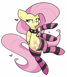 Size: 2156x2498 | Tagged: safe, artist:kindakismet, imported from derpibooru, fluttershy, pegasus, pony, bell, bell collar, cat bell, clothes, collar, dock, female, folded wings, heart, mare, simple background, socks, solo, striped socks, tail, white background, wings