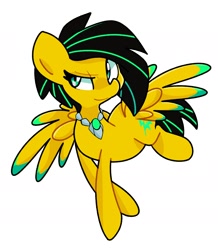 Size: 1738x1996 | Tagged: safe, artist:kindakismet, imported from derpibooru, oc, oc only, oc:lightning bug, pegasus, pony, fanfic:song of seven, commission, female, flying, jewelry, mare, necklace, simple background, solo, spread wings, white background, wings