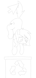 Size: 550x1183 | Tagged: safe, artist:pizzahutjapan, imported from derpibooru, oc, oc only, oc:filly anon, earth pony, pony, cursor, female, filly, foal, hanging by tail, into the trash it goes, recycle bin, simple background, sketch, solo, white background