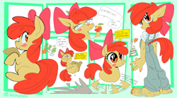 Size: 1480x817 | Tagged: safe, artist:superfrenzyhare, imported from derpibooru, apple bloom, anthro, earth pony, pony, adorabloom, apple, aside glance, ass, blushing, butt, clothes, cute, eating, female, filly, foal, food, looking at you, overalls, potion, solo, text