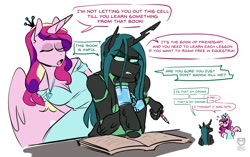 Size: 1323x832 | Tagged: safe, artist:redxbacon, imported from derpibooru, princess cadance, queen chrysalis, alicorn, anthro, changeling, accessory theft, annoyed, blatant lies, book, breasts, busty princess cadance, chains, cleavage, clothes, crown, cuffed, cuffs, dialogue, dress, duo, duo female, eyes closed, female, jewelry, lidded eyes, looking away, looking back, loss (meme), necklace, nervous, open mouth, pencil, prisoner, regalia, simple background, speech bubble, sweat, sweatdrops, white background