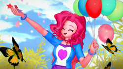 Size: 1920x1080 | Tagged: safe, artist:ratachu666, imported from derpibooru, pinkie pie, butterfly, human, equestria girls, 3d, balloon, eyes closed, koikatsu, open mouth, open smile, smiling, solo