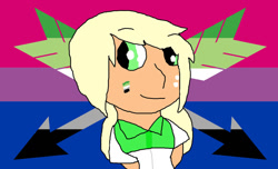 Size: 1024x621 | Tagged: safe, artist:ottermelonenjoyslife, imported from derpibooru, applejack, human, equestria girls, arm behind back, aromantic, bisexual pride flag, face paint, female, looking sideways, pride, pride flag, solo