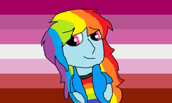 Size: 1024x620 | Tagged: safe, artist:ottermelonenjoyslife, imported from derpibooru, rainbow dash, human, equestria girls, arm behind back, female, lesbian, looking sideways, pride flag, solo