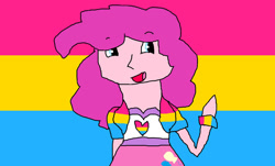 Size: 1024x618 | Tagged: safe, artist:ottermelonenjoyslife, imported from derpibooru, pinkie pie, human, equestria girls, female, looking sideways, pansexual, pride flag, solo