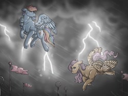 Size: 512x384 | Tagged: safe, artist:binibean, imported from derpibooru, fluttershy, rainbow dash, pegasus, pony, duo, female, flying, lightning, mare, rain, storm, wings