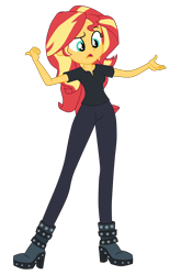 Size: 2200x3553 | Tagged: safe, artist:gmaplay, imported from derpibooru, sunset shimmer, human, all the world's off stage, equestria girls, equestria girls series, all the world's off stage: pinkie pie, black shirt, boots, clothes, director shimmer, earpiece, eyebrows, female, pants, pointing, raised eyebrow, shirt, shoes, simple background, solo, t-shirt, transparent background, what are these?