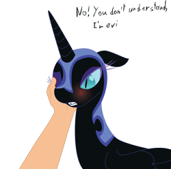 Size: 2020x1995 | Tagged: safe, artist:zev, edit, imported from derpibooru, nightmare moon, alicorn, human, pony, bedroom eyes, blushing, cute, faceless human, faceless male, floppy ears, gritted teeth, hand, hnnng, human on pony petting, male, nicemare moon, offscreen character, one eye closed, petting, simple background, teeth, text, transparent background, tsundere, tsundere moon, wink