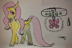 Size: 1280x862 | Tagged: safe, artist:midnightmoon1986, imported from derpibooru, fluttershy, bat pony, pony, bat ponified, clothes, collar, female, flutterbat, hair over one eye, mare, race swap, solo, stockings, thigh highs, traditional art