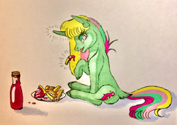 Size: 1280x905 | Tagged: safe, artist:midnightmoon1986, imported from derpibooru, mimic (g1), classical unicorn, pony, twinkle eyed pony, unicorn, cloven hooves, cute, eating, female, food, french fries, g1, herbivore, ketchup, leonine tail, levitation, magic, mare, mimicbetes, sauce, sitting, solo, telekinesis, traditional art, unshorn fetlocks