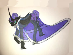 Size: 1280x961 | Tagged: safe, artist:midnightmoon1986, imported from derpibooru, nightmare moon, alicorn, pony, alternate hairstyle, clothes, cloven hooves, female, hair bun, long feather, mare, robe, see-through, solo, tail, tail bun, traditional art, unshorn fetlocks