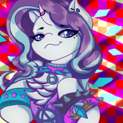 Size: 3000x3000 | Tagged: safe, artist:umbrapone, imported from derpibooru, rarity, pony, unicorn, abstract background, blue eyes, chest fluff, collar, ear piercing, emo, gem, glowing gems, horn, horn ring, needs more saturation, nightmare rarity mane, piercing, rawrified, ring, small horn, smug, smugity, solo, spiked collar, spiked wristband, symbol, this will end in fashion, wristband