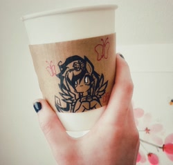 Size: 2159x2064 | Tagged: safe, artist:redbunnytea, imported from derpibooru, fluttershy, human, pegasus, pony, coffee cup, cup, hand, irl, photo, traditional art