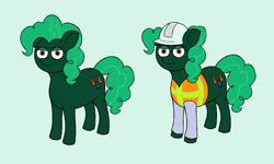 Size: 2500x1500 | Tagged: safe, artist:potatoconnoisseur, derpibooru exclusive, imported from derpibooru, pinkie pie, oc, oc:seafoam safety, earth pony, pony, alternate cutie mark, alternate universe, clothes, female, hard hat, hat, inverted colors, looking at you, mare, safety vest, simple background, solo