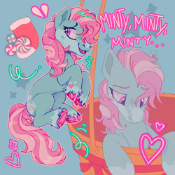 Size: 1950x1942 | Tagged: safe, artist:beetlebonez, imported from derpibooru, minty, earth pony, pony, a very minty christmas, bust, christmas, female, full body, g3, heart, holiday, hot air balloon, looking back, looking down, nervous, simple background