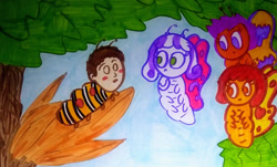 Size: 1280x772 | Tagged: safe, artist:dex stewart, imported from derpibooru, apple bloom, scootaloo, sweetie belle, butterfly, caterpillar, james and the giant peach, james henry trotter, roald dahl, species swap, traditional art