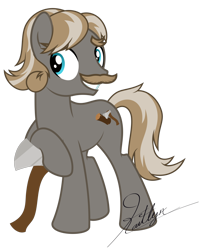 Size: 5000x6201 | Tagged: safe, artist:kaitykat117, imported from derpibooru, oc, oc:ironwood(kaitykat), earth pony, axe, base used, blue eyes, eyebrows, facial hair, gray coat, leaning, log, male, moustache, much obliged ma'am, raised hoof, simple background, smiling, solo, stallion, transparent background, turned head, vector, weapon