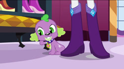 Size: 750x421 | Tagged: safe, imported from derpibooru, screencap, rarity, spike, dog, human, equestria girls, equestria girls (movie), boots, duo, high heel boots, legs, offscreen character, pictures of legs, shoes, simple background, spike the dog