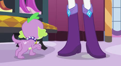 Size: 750x412 | Tagged: safe, imported from derpibooru, screencap, rarity, spike, dog, human, equestria girls, equestria girls (movie), boots, duo, high heel boots, legs, offscreen character, pictures of legs, shoes, simple background, spike the dog