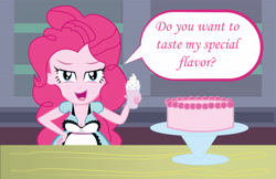 Size: 5101x3300 | Tagged: safe, artist:bronybran, imported from derpibooru, pinkie pie, human, equestria girls, breasts, cake, cleavage, food, looking at you, milk, server pinkie pie, speech bubble, talking, waitress