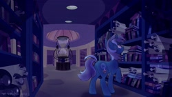 Size: 1600x900 | Tagged: safe, artist:wonderwaifu, edit, edited screencap, imported from derpibooru, screencap, oc, oc only, oc:night light, unicorn, book, bookshelf, canterlot library, hourglass, library, scroll, solo