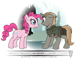 Size: 700x540 | Tagged: safe, artist:warrenhutch, imported from derpibooru, pinkie pie, oc, oc:whisper, pegasus, pony, 2011, bag, cloak, clothes, duo, fanfic art, female, mare, old art, saddle bag, smiling