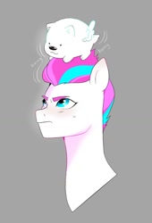 Size: 1001x1475 | Tagged: safe, artist:aztrial, imported from derpibooru, zipp storm, dog, pegasus, pomeranian, pony, boing, bust, cloudpuff, cloudpuff riding zipp storm, cute, dogs riding ponies, female, flying pomeranian, g5, gray background, looking up, male, mare, onomatopoeia, simple background, winged dog