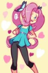 Size: 1020x1530 | Tagged: safe, artist:drantyno, imported from derpibooru, fluttershy, human, equestria girls, alternate hairstyle, blushing, female, heart, question mark, solo, speech bubble