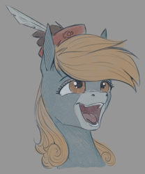 Size: 750x900 | Tagged: safe, artist:stray prey, imported from derpibooru, oc, oc only, oc:pryeblue, earth pony, pony, bust, feather, hat, portrait, smiling, solo, teeth