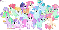 Size: 9746x5000 | Tagged: safe, artist:melisareb, imported from derpibooru, oc, oc:celeste (kleptocorns), oc:gummy (kleptocorns), oc:kune (kleptocorns), oc:mana, oc:midori (kleptocorns), oc:ona (kleptocorns), oc:paku, oc:pipu, oc:pots (kleptocorns), oc:quark (kleptocorns), oc:stardust (kleptocorns), oc:sucre (kleptocorns), oc:tealight (kleptocorns), oc:toki (kleptocorns), oc:vaantu, pony, unicorn, .svg available, absurd resolution, bracelet, bread, colt, crossover, eyes closed, female, foal, food, gradient hooves, gradient horn, gradient mane, gradient tail, group, horn, jewelry, kleptocorns, looking up, male, mare, open mouth, potted plant, raised hoof, show accurate, simple background, sitting, stallion, tail, transparent background, unamused, vector