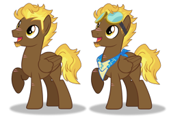 Size: 2760x1892 | Tagged: safe, artist:spectrumnightyt, imported from derpibooru, oc, oc only, oc:sunbursn dust, pegasus, pony, base used, folded wings, goggles, high res, magical lesbian spawn, male, offspring, open mouth, open smile, parent:derpy hooves, parent:spitfire, parents:derpfire, pegasus oc, raised hoof, shadow, simple background, smiling, solo, stallion, transparent background, wings